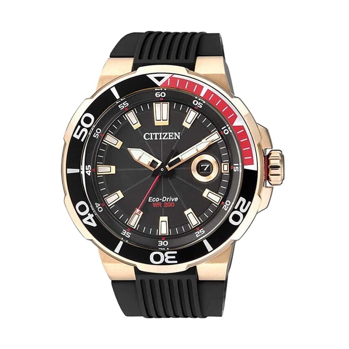 Citizen AW1422-09E Black Dial Men's Eco-Drive Diver's Rubber Watch with rosegold stainless steel case and black rubber band.